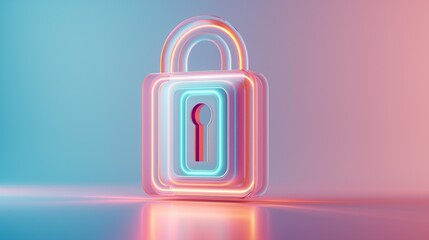 Neon light lock on pink gradient abstract minimal background.