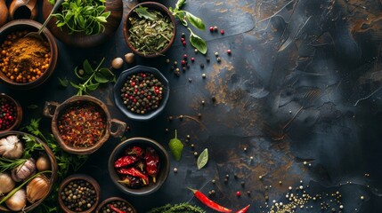 Variety of spices and herbs in bowls on a dark background