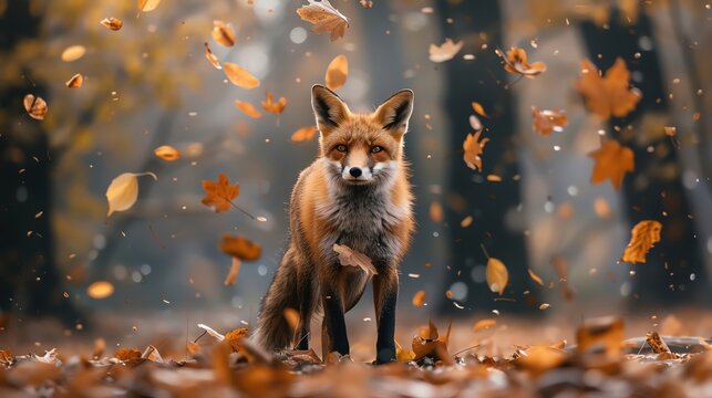 A fox exploring an autumn forest with falling leaves, ample copy space