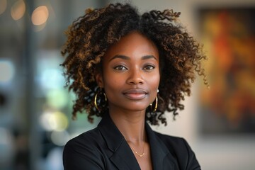 Obraz premium Confident professional woman standing in a modern office environment with a focused expression and curly hair, epitomizing empowerment and determination