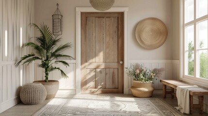 Simple and serene entryway with minimalist design and warm welcoming tones.