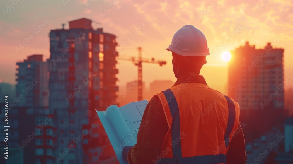 Poster Engineer inspecting a construction site with blueprints and a hard hat, overseeing progress.