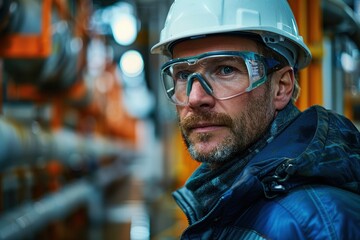 Fototapeta premium Middle-aged male engineer in protective gear inside an industrial facility, demonstrating a focused and determined expression, surrounded by blurred industrial machinery in the background