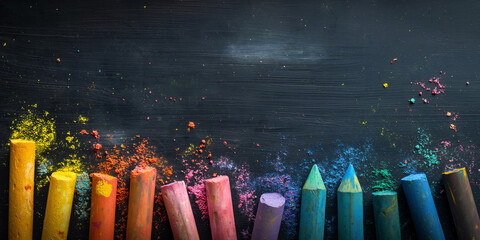 A group of colorful chalk sticks rubbed out on a blackboard with copy space for text representing back to school concept