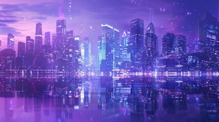 Futuristic cityscape at dusk, featuring glowing skyscrapers reflecting in calm waters. Use a color palette of deep blues, vibrant purples, and shimmering silver.