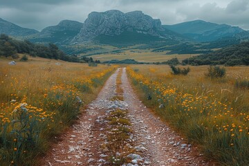 Scenic dirt road surrounded by lush meadows with yellow flowers leading towards majestic mountain range under a cloudy sky in the countryside