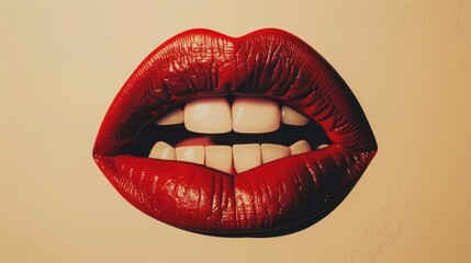 Close-up of a pair of red lips with white teeth visible, set against a plain background. The lips are glossy and well-defined, and the teeth appear to be in good condition