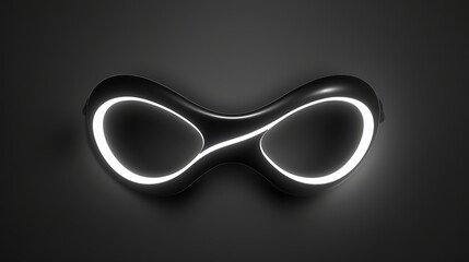 Stylized, modern mask with a reflective surface, featuring two large, circular eye holes outlined with a glowing white light. The mask is set against a dark background, creating a striking contrast