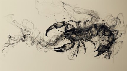 Monochromatic artwork featuring a stylized scorpion. The scorpion is depicted with a combination of smoke and detailed line work, giving it an ethereal and dynamic appearance