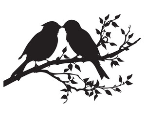 Sparrow kissing on tree branches silhouete vector