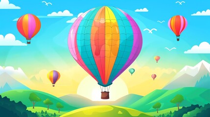 Naklejka premium A cartoon illustration of hot air balloons floating over mountains.