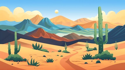 A cartoon illustration of a desert landscape with cacti and mountains.