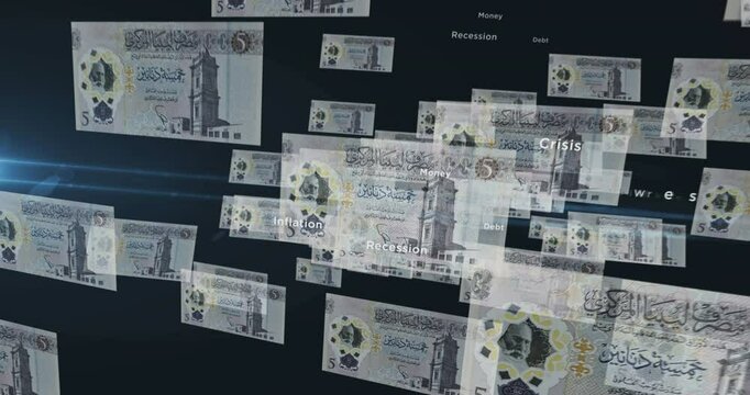 Libya dinar 5 LYD banknote loop. Flying between transparent money Libyan note. 3D seamless looped abstract concept of business, economy, finance, crisis and banking.