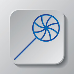 Candy simple icon vector. Flat design. Paper cut design. Cutted blue symbol with shadow. Gray badge button, gray background