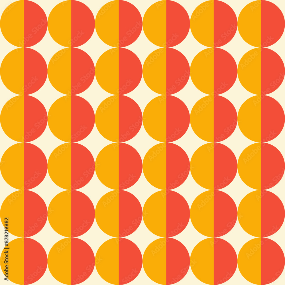Poster Trendy retro geometric seamless pattern with colorful semicircles and circles. Modern abstract background. Red, beige and yellow colors. Vector illustration	