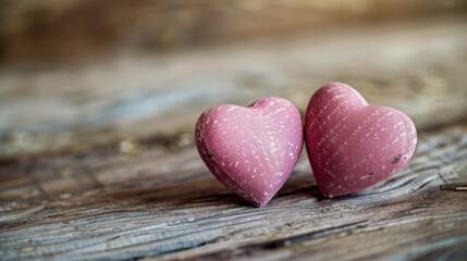 Obraz premium Two Pink Wooden Hearts on Rustic Wooden Background Symbolizing Love and Romance