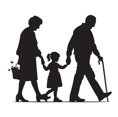 grandparents walking with two granddaughter silhouette vector