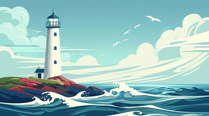 A cartoon lighthouse on a rocky island in the ocean.