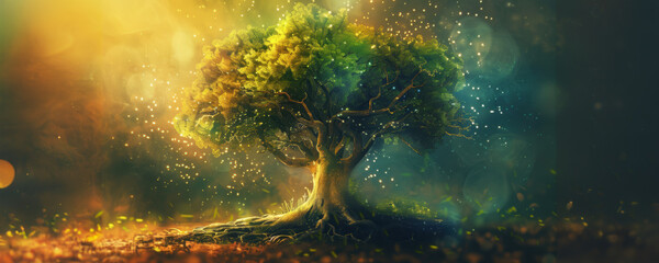 A large green tree bathed in golden light with falling particles