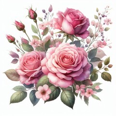 Watercolor pink rose flower bouquet for valentines day