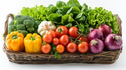vibrant assortment of organic vegetables neatly arranged in a wicker basket . fresh tomatoes, carrots, broccoli, lettuce, purple onions, and zucchini, showcasing a colorful and healthy harvest