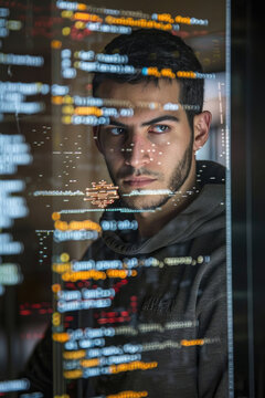 Young Man Concentrating on Code on a Computer Screen