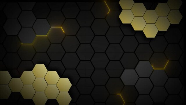 Abstract hexagon background with golden glowing lines and golden hexagon moving animation 4k.
