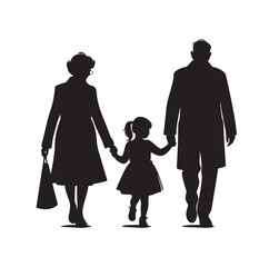 grandparents walking with two granddaughter silhouette vector