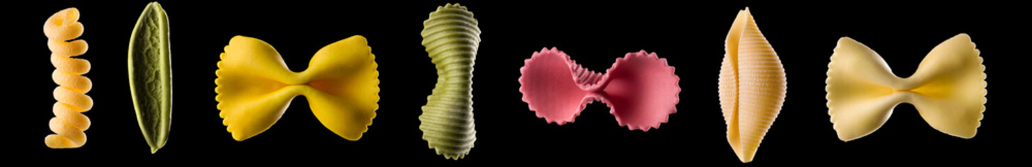 Set of different type of pasta isolated on black background