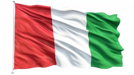 The flag of Italy, red, white, and green, is waving on a white background.