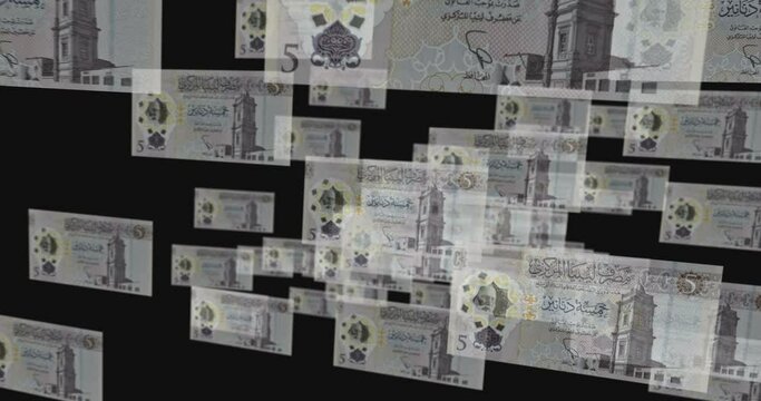 Libya dinar 5 LYD banknote loop. Flying between transparent money Libyan note. 3D seamless looped abstract concept of business, economy, finance, crisis and banking.