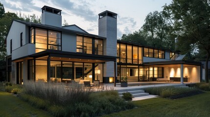 Obraz premium modern suburban farmhouse with a focus on transparency, featuring extensive use of glass to blend indoor and outdoor spaces