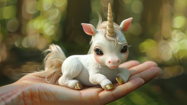A hand holding a small white unicorn toy