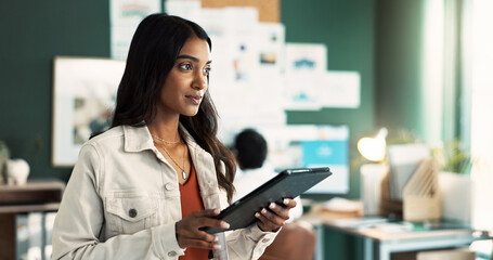 Office, smile and woman with tablet in thinking for research idea, brainstorming or information. Web design, creative and person with tech in planning for digital portfolio, project or ux development