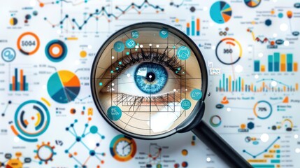 Obraz premium Magnifying glass and various documents with charts on light blue background flat design for website template concept or trendy businessman style presentation about business trend search idea.