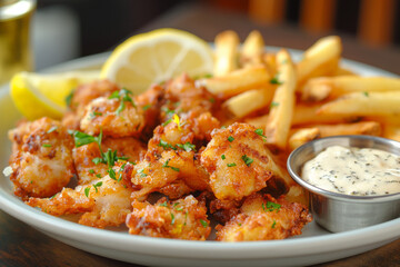 Golden Fried Cracked Conch: Bahamian Seafood Platter with Tartar Sauce and Lemon