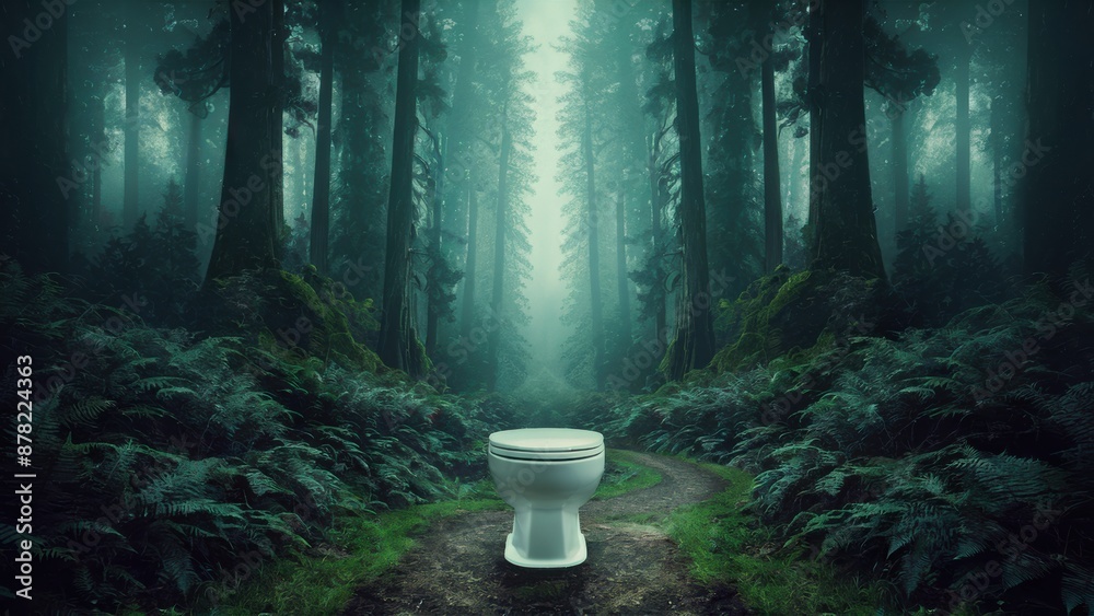 Wall mural A toilet sitting in the middle of a forest path, AI