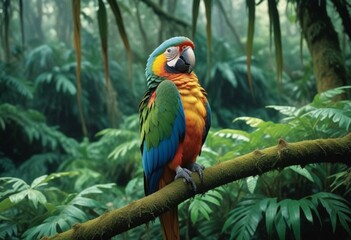 Majestic parrot with a magnificent array of colors perched amidst the lush, green foliage of a flourishing rainfores