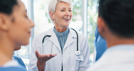 Discussion, medical and doctor with team of nurses in hospital for collaboration on diagnosis....