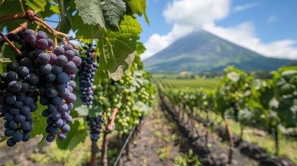 Grapes on vine in wine yard with volcano backdrop