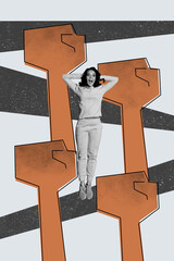 Creative trend collage of female raise fists freedom power rights independence democracy fight...