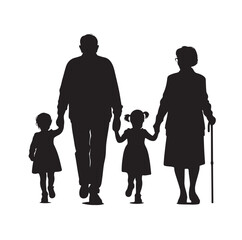 grandparents walking with two granddaughter silhouette vector
