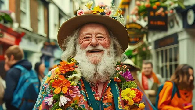 Colorful Oktoberfest parade featuring decorated floats, marching bands, and traditional costumes