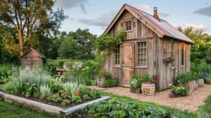 quaint garden shed made of reclaimed wood, matching the style of the suburban farmhouse it accompanies
