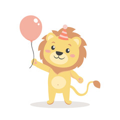 Cute baby lion with a balloon in a party hat. Birthday greetings for children. Illustration, postcard, print for clothes