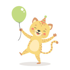 Cute baby tiger, leopard with a balloon in a party hat. Birthday greetings for children. Illustration, postcard, print for clothes