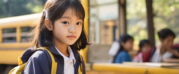Close up portrait of elementary school girl with yellow school bus in the background.
