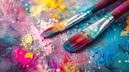 Obraz premium Colorful paint brushes on an artistic palette