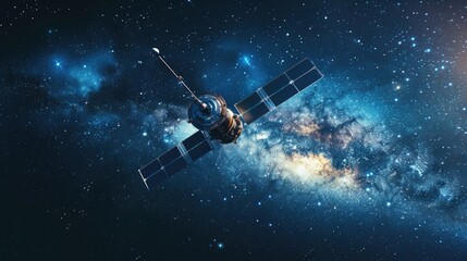 Naklejka premium A high-resolution image of a satellite amidst a starry background, reflecting the boundless nature of the cosmos and the advancements of space technology.