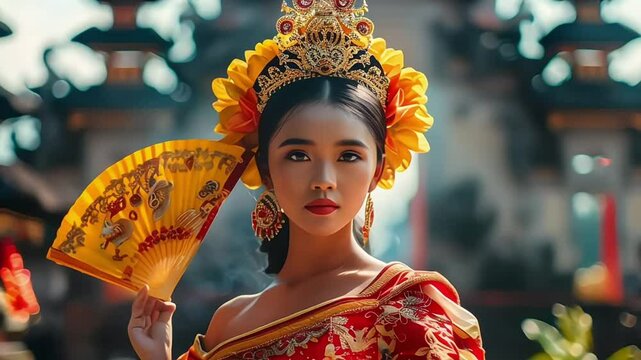 Indonesian girl with traditional costumn dance in bali temple